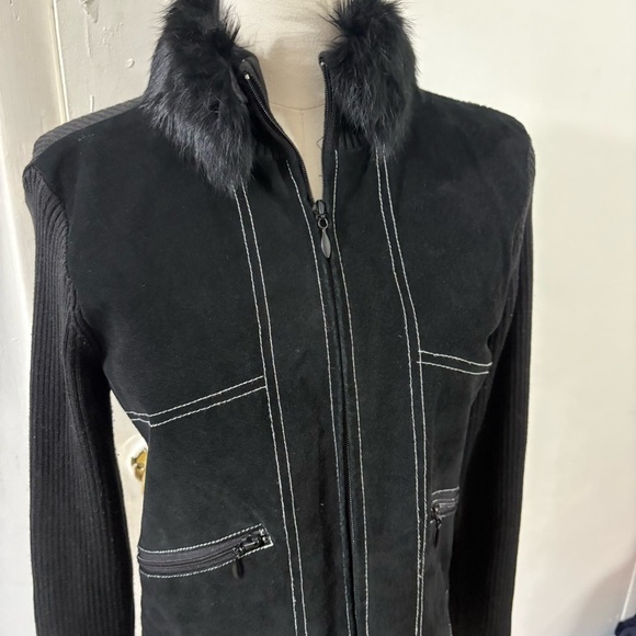 Escapade Suede Zip Jacket Sweater Contrast Stitch Rabbit Fur Collar Black Sz S - Picture 2 of 11